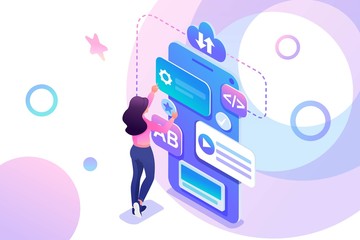 Canvas Print - isometric young girl is engaged in the creation of a mobile application, a teenager working on the p