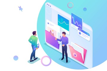 Canvas Print - isometric collecting and sending data for the report, young entrepreneurs discuss the data on the sc