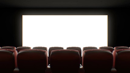 beautiful wide screen in cinema hall. moving through over the seats. 3d animation with lights, green