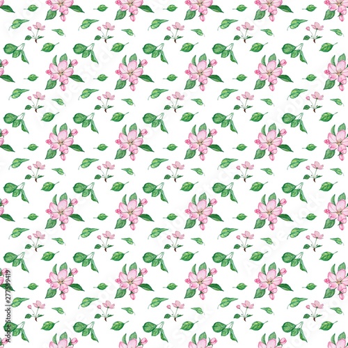 watercolor pattern of flowers and leaves of an apple tree