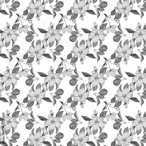 black and white pattern of apple flowers