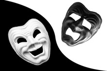 Yin And Yang, Dualism And Mood Swings Characteristic To Manic Depression Concept Theme With Monochrome Photograph Of Tragedy And Comedy Theater Masks Isolated On Black And White Background