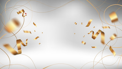 Wall Mural - Golden ribbon vector background design with flying confetti of gold. Elegant festive decoration template