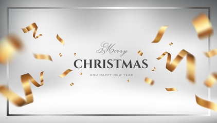 Golden Christmas vector background design with flying gold confetti. Elegant festive decoration gift card or web banner template