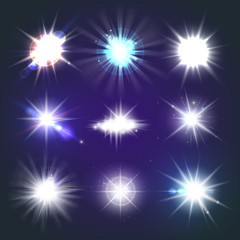 Wall Mural - Set of bright beautiful stars. Optical lens glowing flashlight effect. Light effect, bright star, light flare. Colorful sparkles shine light effect on transparent background – stock vector