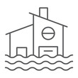Flood thin line icon, disaster and home, flooded house sign, vector graphics, a linear pattern on a white background.