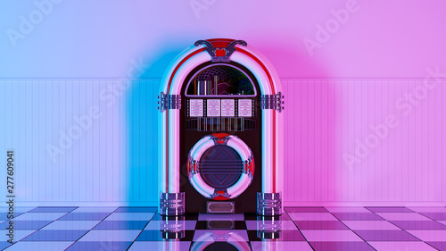 Neon retro jukebox on white wood planks wall and checker black white floor Tableau sur Toile