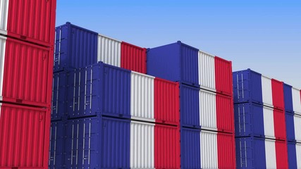 Wall Mural - Container yard full of containers with flag of France. French export or import related loopable 3D animation