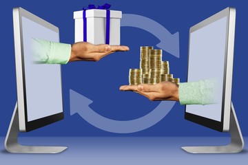 computer concept, two hands from displays. hand with gift box and coins. 3d illustration