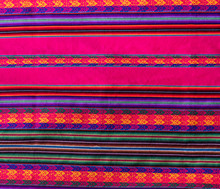 Pink Wooven Wool From Peru. Traditional Fabric Background Colorful Texture. Latin America Textile Patterns.