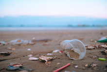 Trash, Plastic, Garbage, Bottle, Bag... Environmental Pollution On Sandy Beach. Royalty High-quality Stock Photo Image Of Trash, Plastic Bag, Bottle On The Beach. Waste That Polluted The Ocean Environ