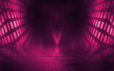 Poster - Empty background scene. Dark street reflection on wet asphalt. Rays of neon light in the dark, neon figures, smoke. Background of empty stage show. Abstract dark background.