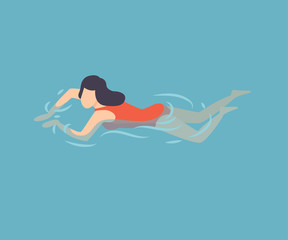 Canvas Print - Brunette Girl in Red Swimsuit Swimming in Water, Woman Relaxing in the Sea, Ocean or Swimming Pool, Summer Outdoor Activities Vector Illustration