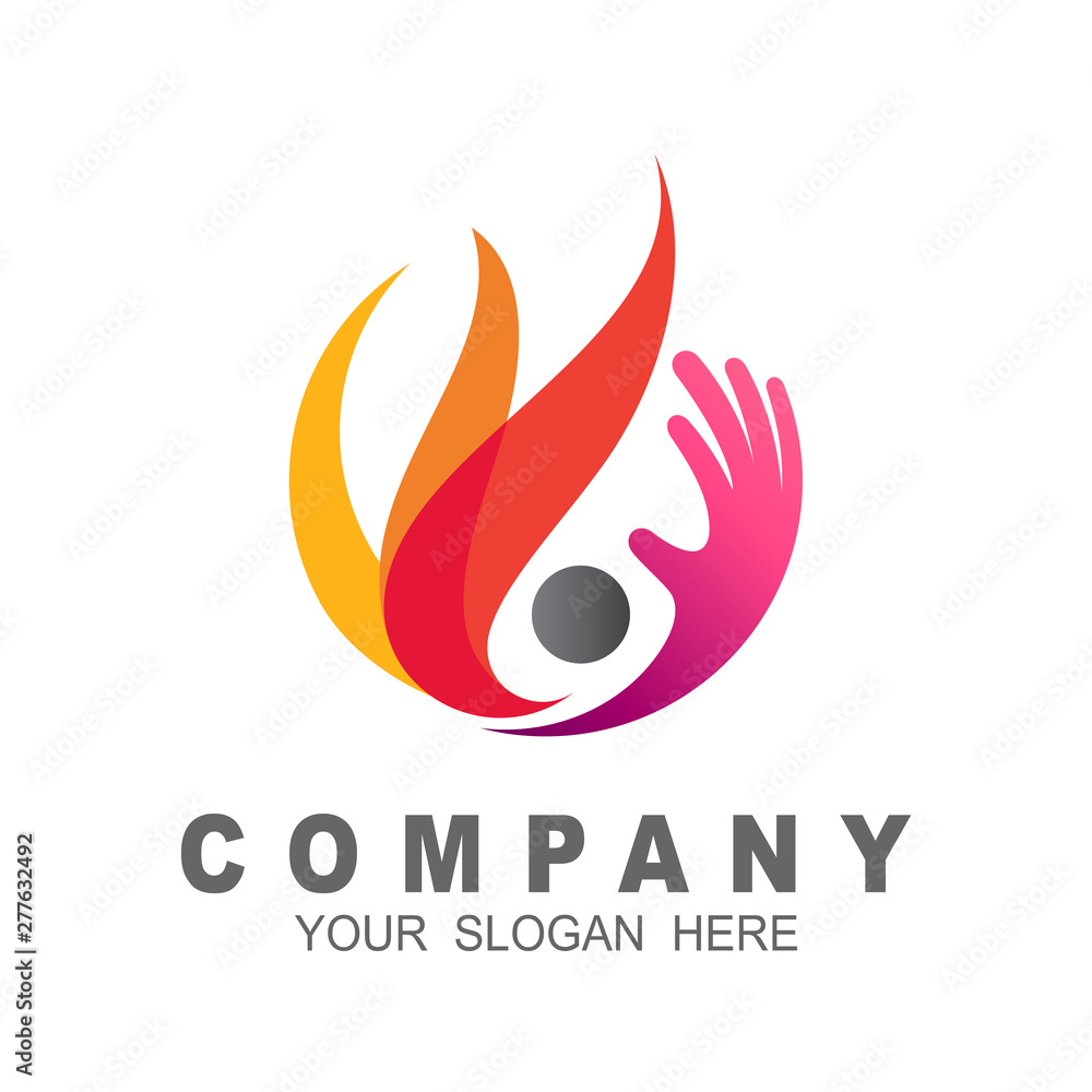 human logo and fire icon template, hand symbol, education logo Stock ...