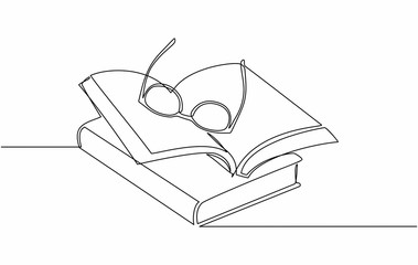 Continuous line drawing of a glasses are placed on top of the book. Educational concepts and knowledge. Learning, Education. vector illustration isolated on white background