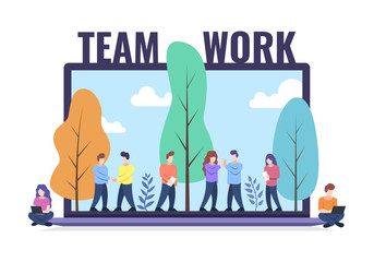 Wall Mural - teamwork concept. people together working. laptop and trees on the background. web banner. vector il