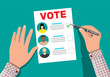 Ballot paper with candidates. Hand with pen and election bill. Vote document with faces. Vector illustration in flat style