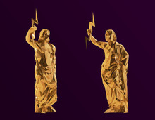 Gold Zeus. Shiny Metallic Set Of Golden Zeus On Purple Background. Low Poly Vector 3D Rendering