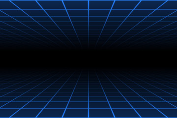 blue light line grid over under one point center perspective dark background retro