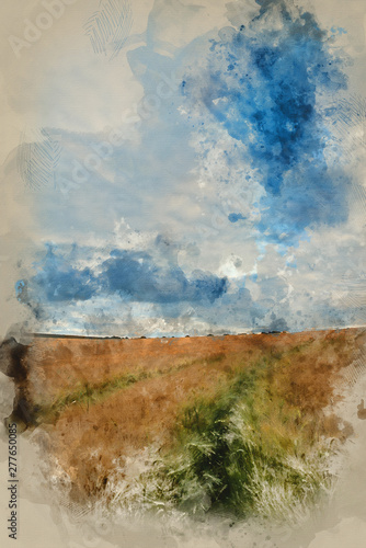 Digital Watercolour Painting Of Stunning Wheat Field Landscape