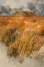 Digital Watercolour Painting Of Pen-y-Ghent In Distance Behind Moors In Yorkshire Dales National Park
