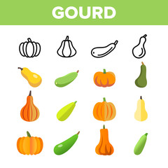 Sticker - Gourd Autumn Season Harvest Vector Linear Icons Set. Differently Shaped And Colored Pumpkins. Halloween Decoration, Thanksgiving Day Dish Thin Line Design. Organic, Healthy Gourds Flat Illustration