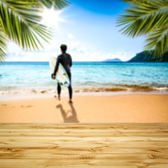 Desk of free space and summer beach landscape 