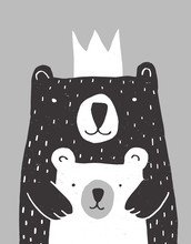 Cute Hand Drawn Big Bear And Little Baby Bear Vector Illustration. Gender Neutral Colors Nursery Art For Card, Invitation, Father's Or Mother's Day. Big Black Daddy Or Mommy Bear With White Crown.
