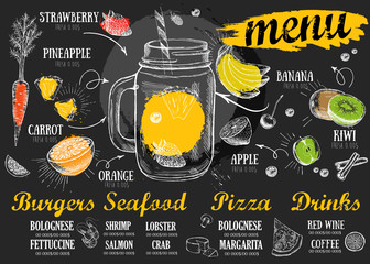 Juice menu, hand drawn. Smoothie. Restaurant cafe menu, template design. Food flyer.