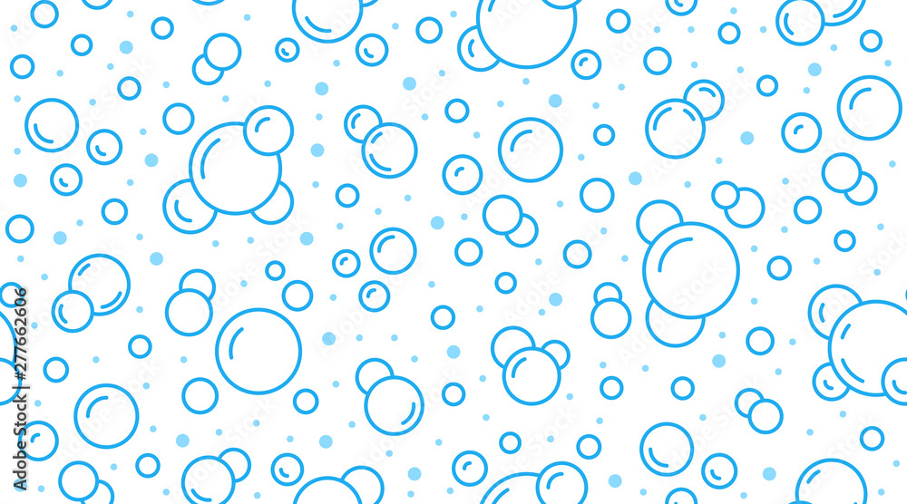 Bubbles vector seamless pattern with flat line icons. Blue white color soap texture. Fizzy water background, abstract effervescent effect wallpaper - obrazy, fototapety, plakaty 