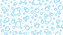 Bubbles Vector Seamless Pattern With Flat Line Icons. Blue White Color Soap Texture. Fizzy Water Background, Abstract Effervescent Effect Wallpaper