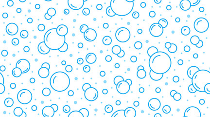 Bubbles vector seamless pattern with flat line icons. Blue white color soap texture. Fizzy water background, abstract effervescent effect wallpaper