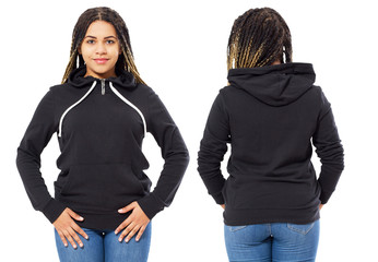 Wall Mural - Front back and rear black sweatshirt view. Beautiful black woman in template clothes for print and copy space isolated on white background. Mock up