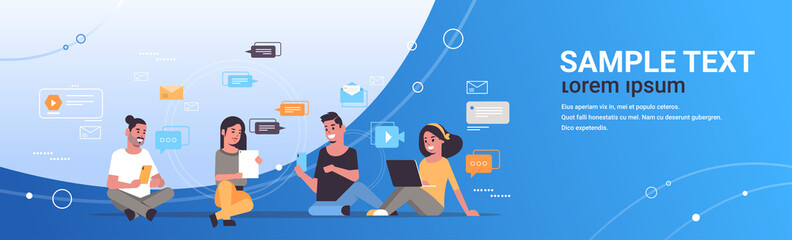 Wall Mural - young people using digital gadgets social network communication technology concept men women group c