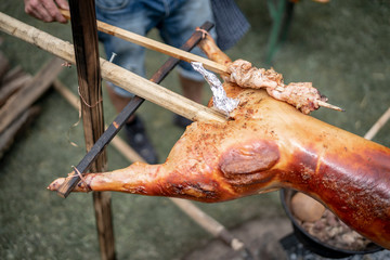 Spanferkel über dem Lagerfeuer gegrillt von einem Wilden auf einer Gartenparty