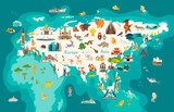 Fototapeta Pokój dzieciecy - Animals world map, Eurasia illustration, preschool, baby, continents, oceans, drawn, Earth