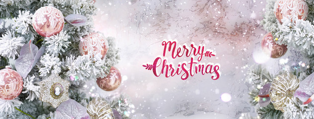 Wall Mural - Christmas tree in white frost decorated pink silver balls toys on fairy frost patterns background, inscription merry Christmas, wide banner format, frame.