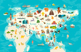 Fototapeta Pokój dzieciecy - Animals world map, Eurasia. Vector illustration, preschool, baby, continents, oceans, drawn, Earth