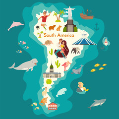 Animals world map, South America with landmarks. South America colorful cartoon vector illustration for children and kids. Preschool, education, baby, continents, oceans, drawn, Earth