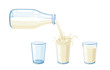 The milk flows out of the bottle and fills three glasses with a splash. Vector illustration cartoon flat icon isolated on white.
