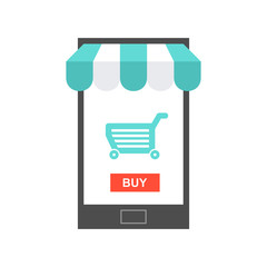 Wall Mural - mobile online store. smartphone with awning and shopping cart icon. isolated on white background