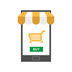 Wall Mural - mobile online store. smartphone with awning and shopping cart icon. isolated on white background