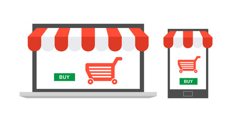 Wall Mural - online store, laptop and smartphone with awning and shopping cart icon. isolated on white background
