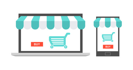 Wall Mural - online store, laptop and smartphone with awning and shopping cart icon. isolated on white background
