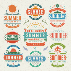 Summer design elements and symbols typographic labels and badges set vector illustration.