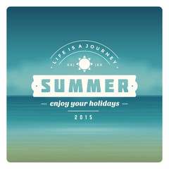 Summer holidays typographic emblem design on blurred beach sea vector illustration.