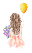 Girl Holding Bouquet Of Hydrangea And Balloon. Hand Drawn Watercolor Illustration