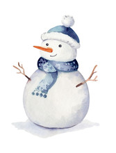 Christmas Watercolor Winter Holidays Isolated Illustration. Holiday Design With Snowman. Happy New Year Greeting Card