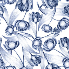 Seamless background with pencil tulips. manual graphics. Botanical large flower tulip, mascara, floral pattern for textile decor and design, patterns, wallpaper. botanical color illustration. 