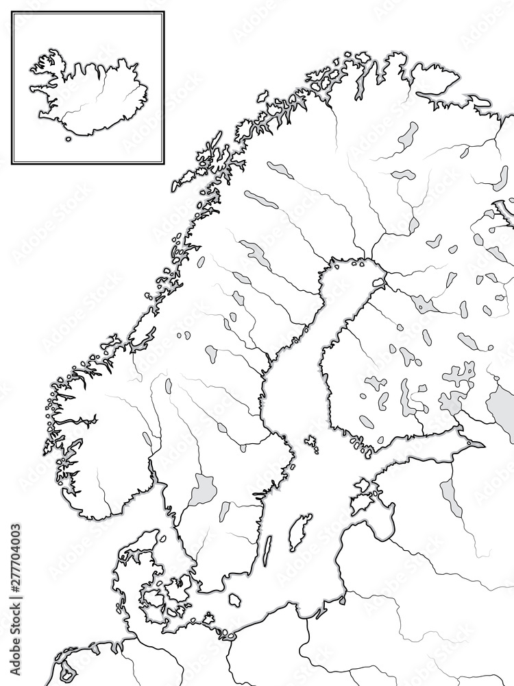 Map of The SCANDINAVIAN Lands: Scandinavia, Sweden, Norway, Finland, Lapland, Karelia, Baltia, Denmark & Iceland [insert]. Geographic chart with Scandinavian peninsula, sea coastline and islands.